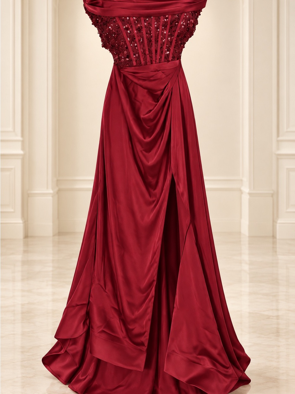 Red Beaded Strapless Maxi Dress with Draped Satin Skirt